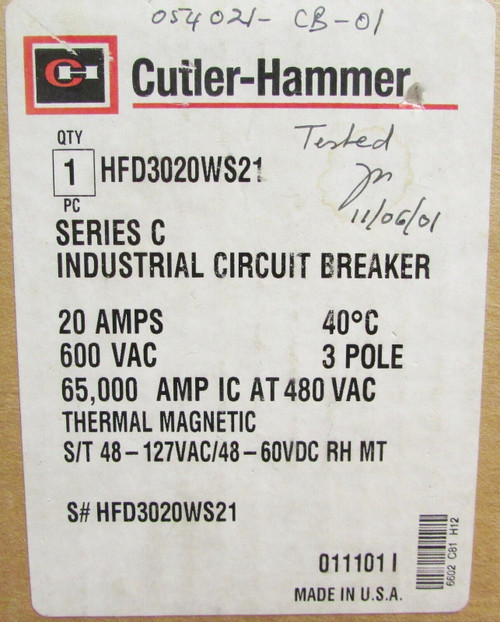 Cutler Hammer Hfd3020 Ws21 Hfd Circuit Breaker 48-127V Shunt Hfd3020 S21