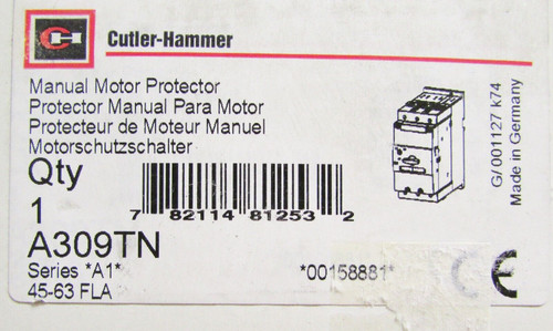 Cutler Hammer Manual Motor Protector 45-63 Amp A309Tn