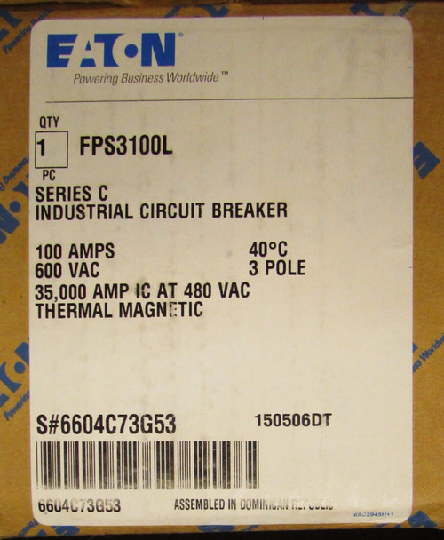 Cutler Hammer Type Fps Circuit Breaker 3 Pole 100 Amp Fps3100L