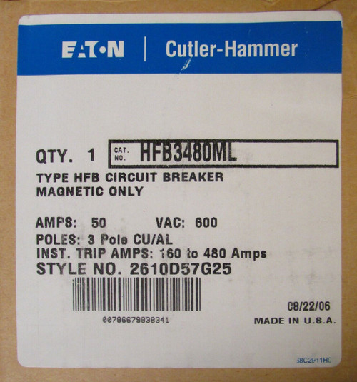 Cutler Hammer Westinghouse Hfb3480Ml Magnetic Only Breaker 160-480 Trip