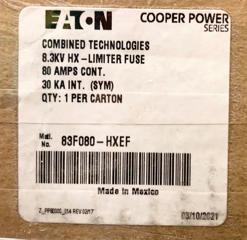 Eaton Cooper 83F080 Hxef 8.3 Kv Hx Limiter Fuse 80 Amp 30 Ka Combined