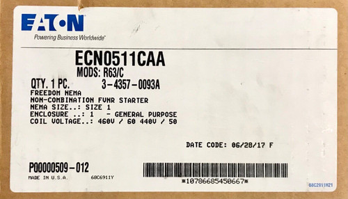 Eaton Ecn0511Caa 480 Vac Size 1 An19Dn0 Starter Nema 1 Enclosure 4-2Amp Overload