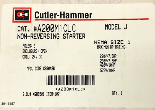 Cutler Hammer A200M1Clc Size 1 A200 Starter 24 Vdc Coil