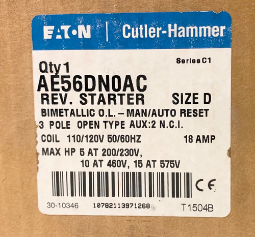 Cutler Hammer Ae56Dn0Ac 110 120 Vac Size D Reversing Starter 18 Amp