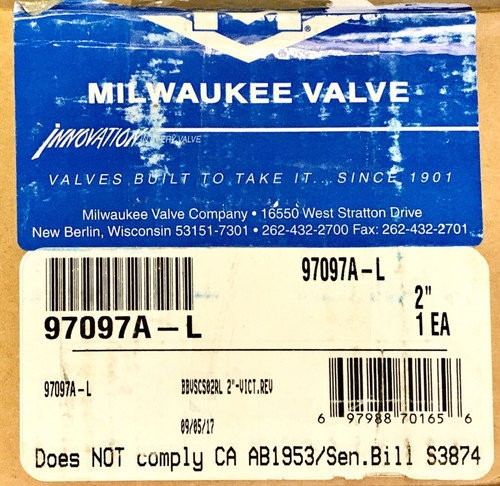 Milwaukee Valve 97097A-L Bbvsc100 2 Butterfly Valve Bronze 175 Psi 2" Pipe Size