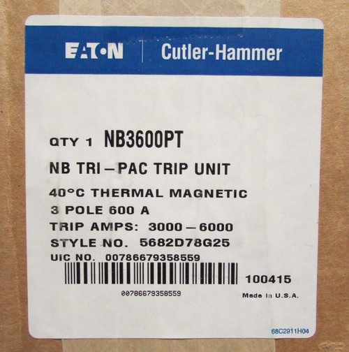 Cutler Hammer Nb3600Pt 3 Pole Nb Tri Pac 600 Amp Trip Unit 5682D78G25