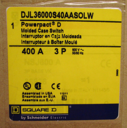 Square D Djl36000S40Aasolw Power Pact 400 Amp Djl Molded Case Switch