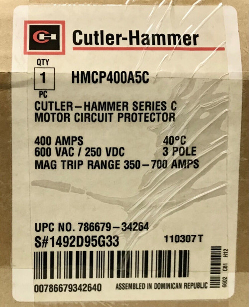 Cutler Hammer Hmcp400A5C 400 Amp Hmcp Motor Circuit Protector 350-700 Amp