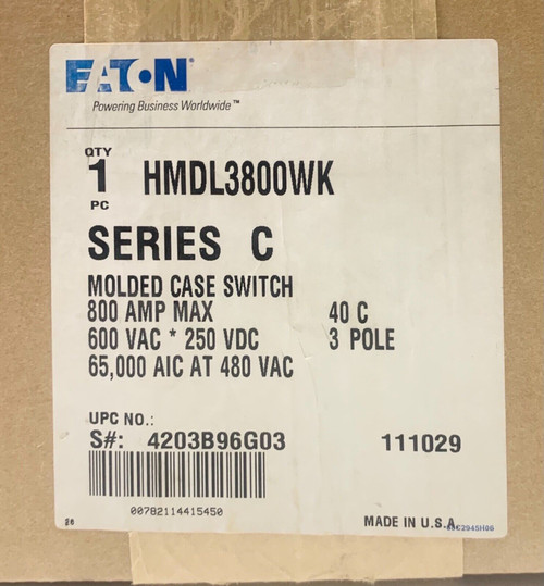 Cutler Hammer Hmdl3800Wk 3 Pole 800 Amp Type Hmdl-K Molded Case Switch