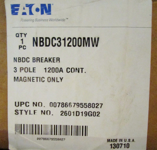 Cutler Hammer Nbdc31200Mw 3 Pole 1200 Amp Type Nb-Dc Breaker Nbdc31200