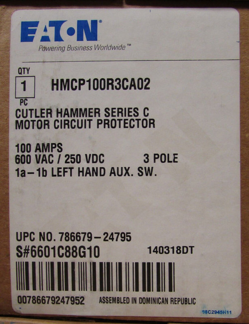 Cutler Hammer Hmcp100R3Ca02 100 Amp Hmcp Motor Circuit Protector 1A 1B Aux