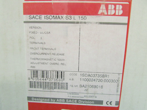 Abb Sace Isomax S3 L 150 Sace S3 Circuit Breaker 20 Amp 600 V 3 Pole