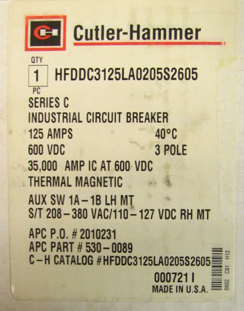 Cutler Hammer Hfd-Dc Breaker 3P 125A 1A 1B Aux Shunt Trip Hfddc3125La0205S2605