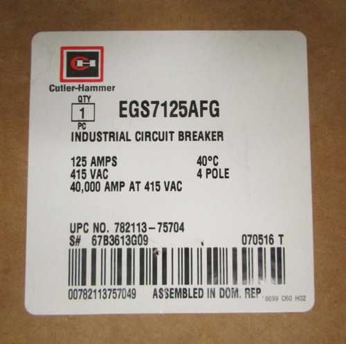 Cutler Hammer Egs7125Afg 4 Pole 125 Amp E125S Egs Breaker