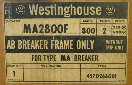 Westinghouse Ma2800F Type Ma Circuit Breaker Frame 2 Pole 800 Amp