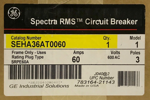 General Electric Seha36At0060 3 Pole 60 Amp Spectra Rms Circuit Breaker
