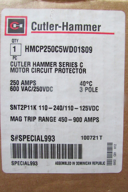 Cutler Hammer Motor Circuit Protector 250A 3 Pole Hmcp250C5W D01S09