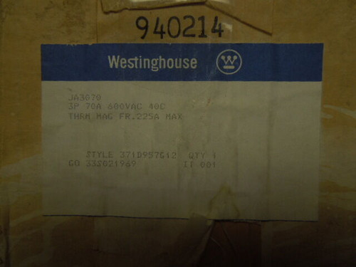 Westinghouse Ja3070 3 Pole 70Amp Ka3070 Thermal Mag 225A