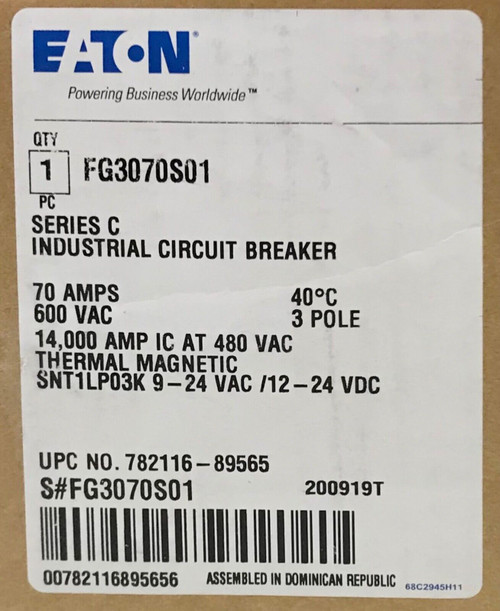 Eaton Fg3070S01 70 Amp Type Fg Generator Circuit Breaker 9-24 Vac Vdc Shunt