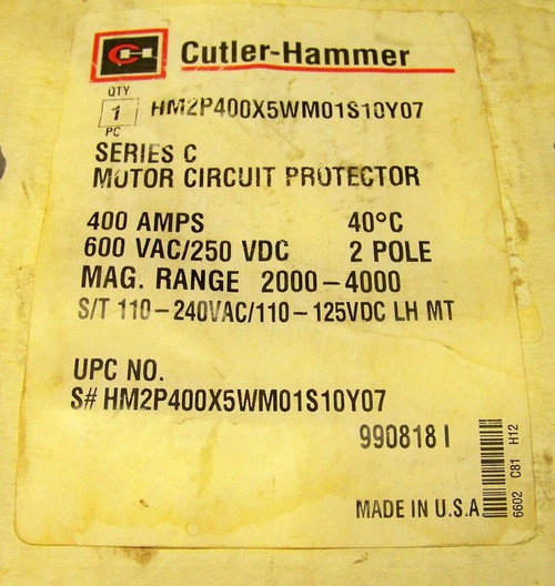 Cutler Hammer Hm2P400X5Wm01S10Y07 Series C Motor Circuit Protector 400 Amp 2 P