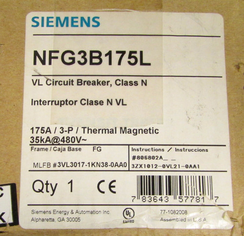 Siemens Nfg3B175L 3 Pole 175 Amp Fg Frame Type Nfga Class N Vl Circuit Breaker