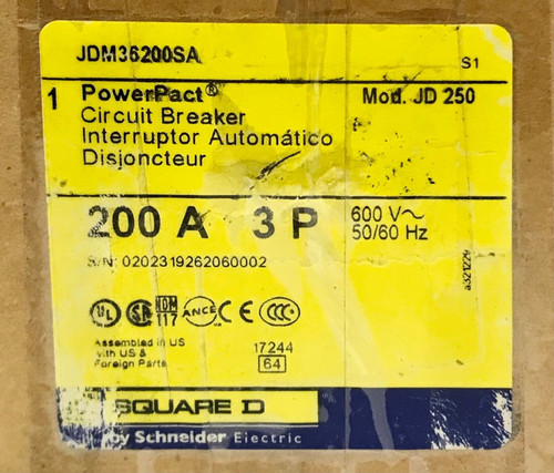 Square D Jdm3600Sa 3 Pole 200 Amp Type Jd 250 Powerpact Circuit Breaker