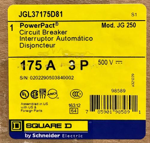 square d industrial jgl37175d81 175 amp jg 250 power pact circuit breaker 3 pole