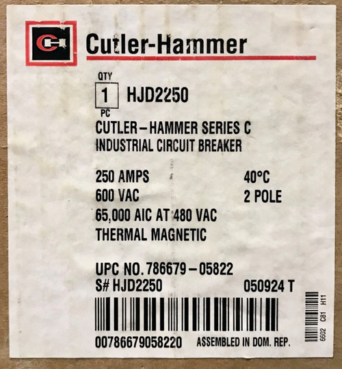 Cutler Hammer Hjd2250 2 Pole 250Amp Type Hjd Circuit Breaker