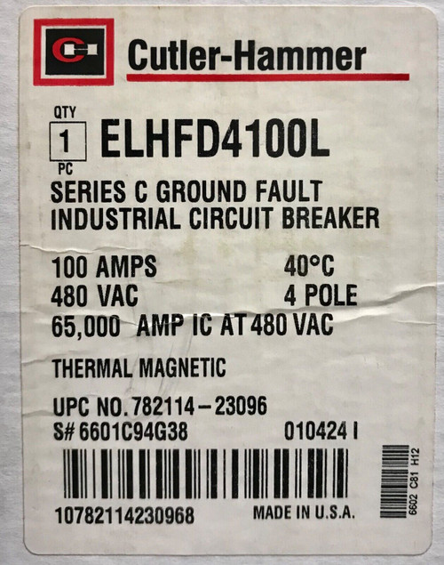 Cutler Hammer Elhfd4100L 4 Pole 100 Amp Type Elhfd Earth Leakage Circuit Breaker