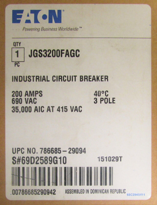 Cutler Hammer Jgs3200Fagc 3Pole 200Amp J250S-C Circuit Breaker Jgs3200Fag