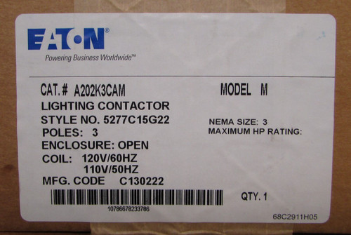 Eaton Cutler Hammer A202K3Cam Sze 3 Model M Lighting Contactor 5277C15G22