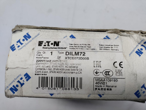 Eaton Xtce072D00B Iec Non Reversing Contactor, 72A, 220 Vac 50 Hz, 240 Vac