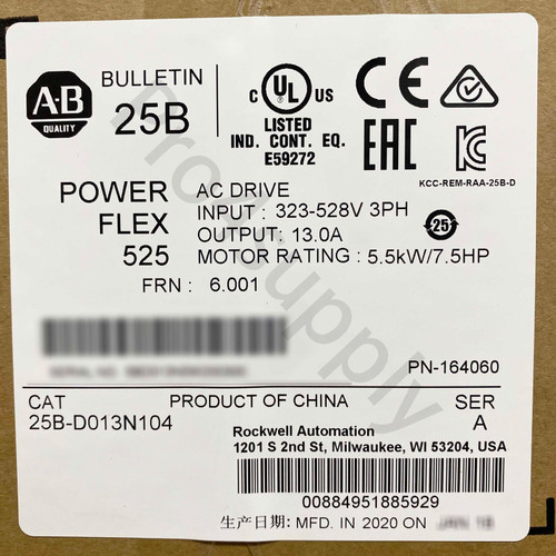 Allen-Bradley Powerflex 525 5.5Kw 7.5Hp Ac Drive 25B-D013N104