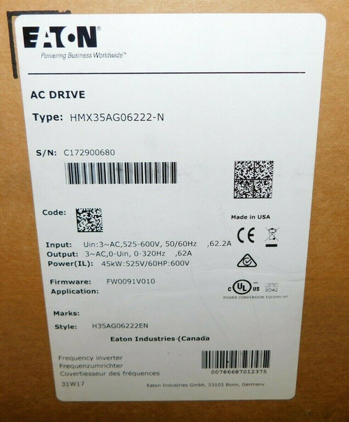 Eaton Hmx35Ag06222-N H-Max Variable Frequency Drive 600V, 62A, 60Hp, 3 Ph