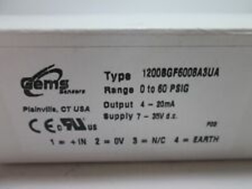 Gems 1200Bgf6008A3Ua Pressure Transducer, Range: 0-60Psig, Output: 4-20Ma