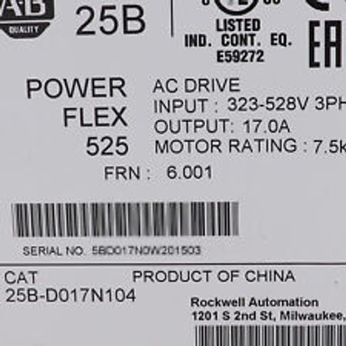 Allen Bradley 25B-D017N104 Powerflex 525 7.5Kw 10Hp Ac Drive
