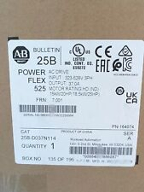 Allen Bradley 25B-D037N114 Powerflex 525 18.5Kw 25Hp Ac Drive