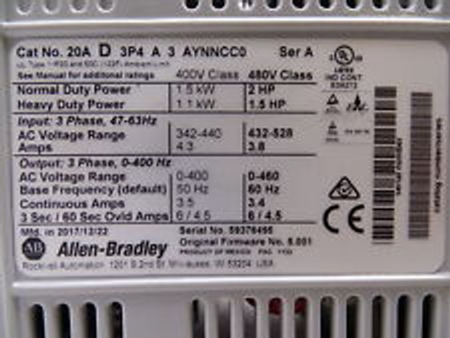 allen bradley 20ad3p4a3aynncc0 ser a variable frequency drive