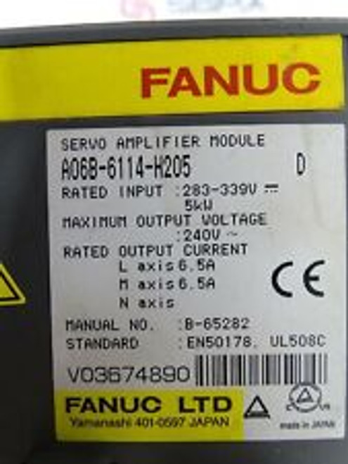 fanuc servo amplifier module a06b-6114-h205 d, 283-339v, 5kw, max output