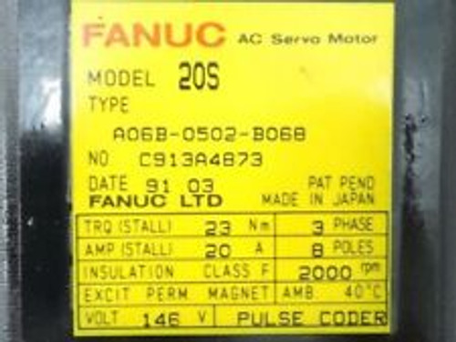 fanuc 2os a06b-0502-b068 ac servo motor, 8 poles, 3-phase, 146 volt, 2000 rpm