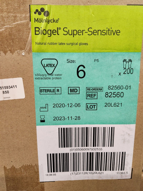 Biogel Super-Sensitive Latex, Powder Size 6 ~ Case/200 Pair Ref #82560