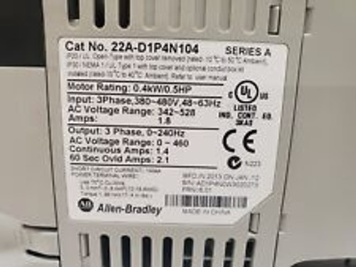 Allen Bradley 0.4Kw/0.5Hp Powerflex 4 Ac Drive 22A-D1P4N104