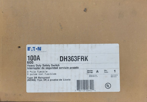 Eaton Dh363Frk 100 Amp 600V 3 Pole Heavy Duty Safety Switch Nema 3R