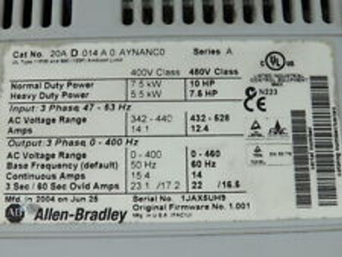 Allen Bradley 20Ad014A0Aynanc0 Powerflex 70 Ac Drive Series A 10Hp 3Ph