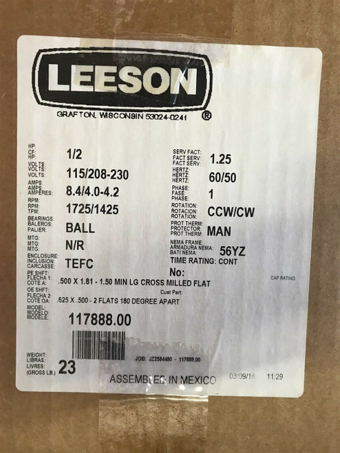 Leeson 117888.00 Motor 1/2Hp 115/208-230V 1725/1425Rpm 1Ph