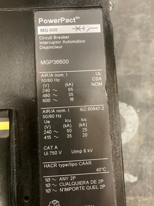 Mgp36600 - Square D 600 Amp 3 Pole 600 Volt Molded Case Circuit Breaker