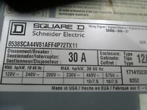 Square D / Schneider Electric Model: 8538Sca44V81Aff4P72Tx11 Disconnect/Breaker