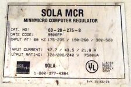 Sola Power Conditioning Transformer 63-28-275-8 7500 Va 60 Hz 120/208/240 Volts