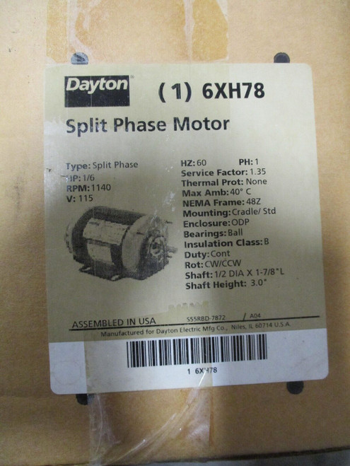 Dayton 6Xh78, 1/6 Hp, 1140 Rpm, 115 Volt, 1 Phase, Split Phase Motor