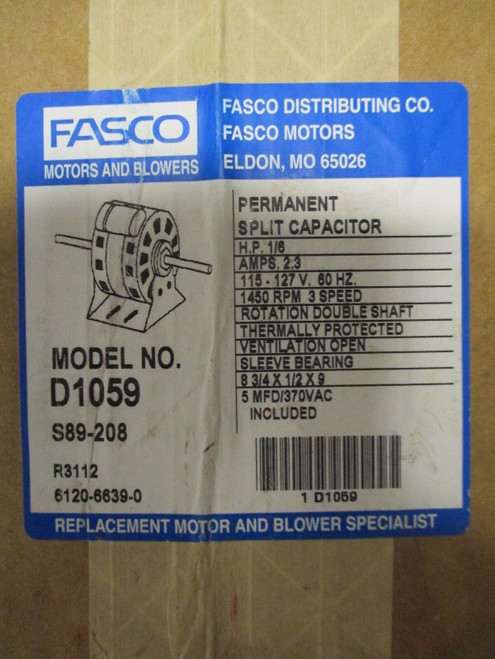 Fasco D1059, 1/6 Hp, 1150 Rpm, 3 Speed, 115 Volt, Split Capacitor Motor